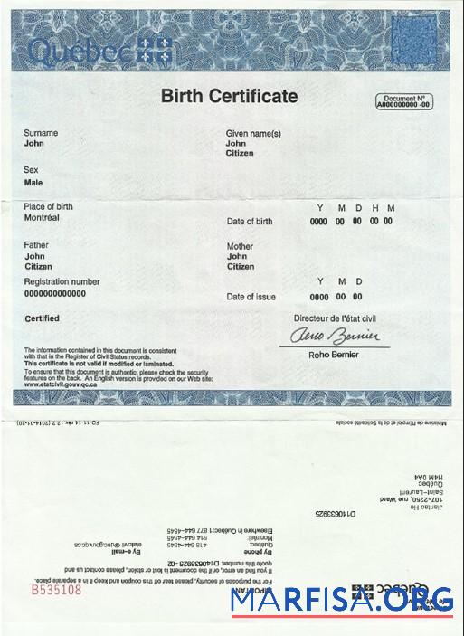 Realistic Canada Quebec Birth Certificate template in PSD